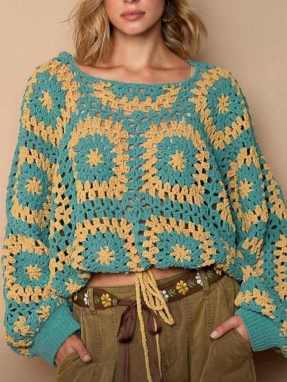 POL Small Oversized Hoodie Crochet Granny Square Fits Like Large PTP 24 EUC